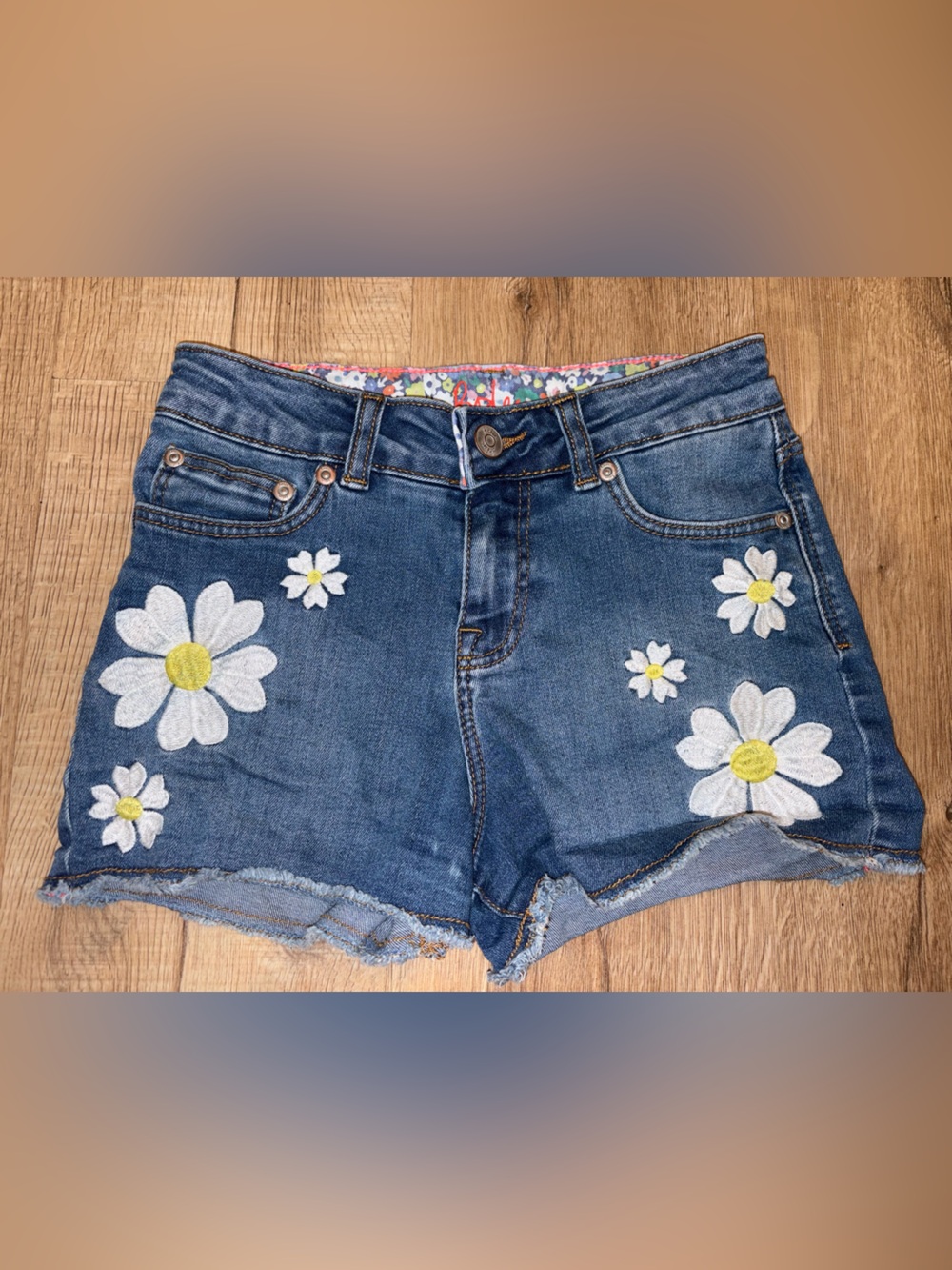 Mini Boden Blue Denim Daisy-Embroidered Girls Jean Shorts